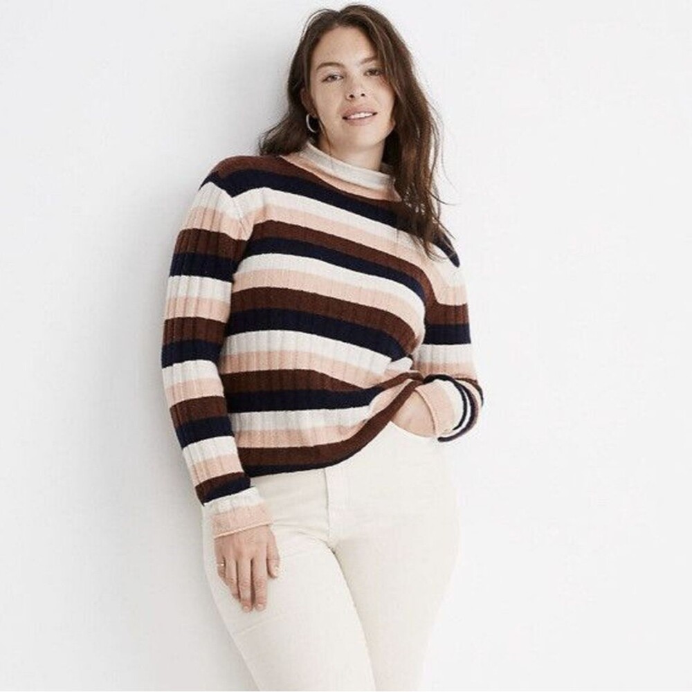 Madewell Turtleneck Sweater Small Brown Striped Merino Wool Alpaca Everest Soft